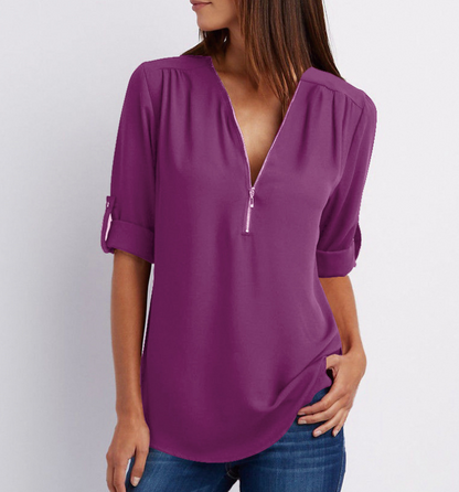 Large Size  Long Sleeve Loose V-neck Shirt